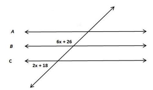 Consider that lines b and c are parallel. what is the value of x? what is the measure of the smalle