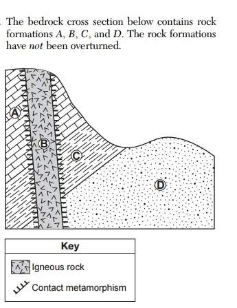 The bedrock cross section below contains rock formations a, b, c, and d. the rock formations have no