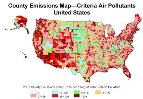 According to the map, what part of the united states has the most air pollution?  the we