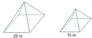 The two square pyramids are similar. the side length of the smaller pyramid is 3/4 the side length o