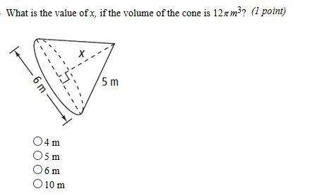 What is the value of x, if the volume of the cone is 12pi m^3
