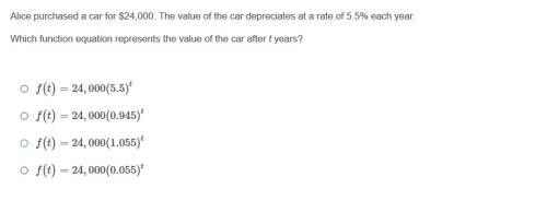 Alice purchased a car for $24,000. the value of the car depreciates at a rate of 5.5% each year. whi
