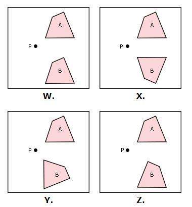 Which image shows quadrilateral a being rotated 90° clockwise about point p to create quadrilateral