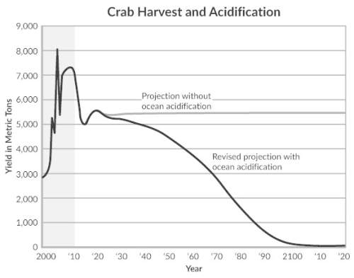 The data presented in the graph shows a projected impact on crab harvesting by ocean acidification.