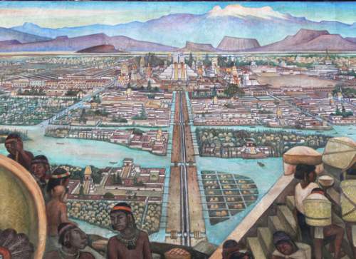 The image shows a model of tenochtitlan. moctezuma i prevented this city from being flooded by const