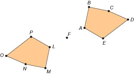 Figure abcde is the result of a 180 °rotation of figure lmnop about the point. which angle in the pr