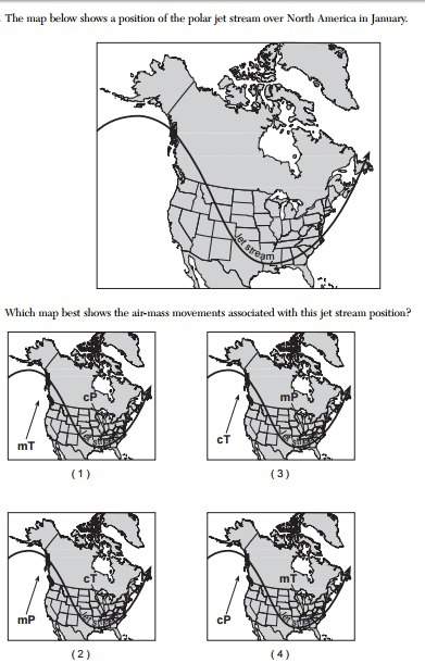 The map below shows a position of the polar jet stream over north america in january which map