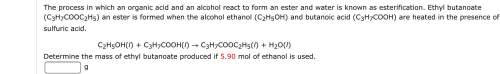 The process in which an organic acid and an alcohol react to form an ester and water is known as est