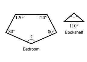 Abedroom is shaped like a pentagon. a designer wants to put a triangular bookshelf in the corner mar