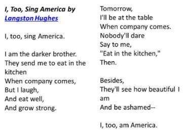 the previous poem, "i, too" by langston hughes is a reaction to walt whitman's version of amer
