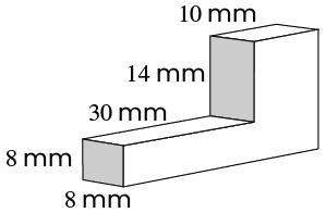 This diagram shows the dimensions of a metal piece used in a machine. what is the volume