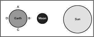 The diagram below shows the position of the sun, moon, and earth. the labels a, b, c, and d represen