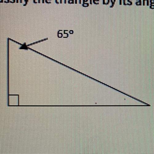 Classify the triangle by its angels :  a. acute  b. right  c. obtuse d