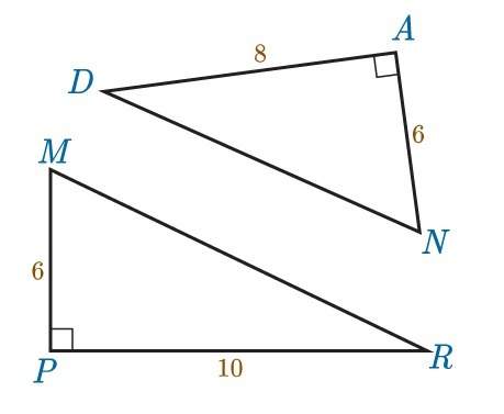 Which statement about the triangles below is true?  triangle mpr ~ triangle nad by aa ~