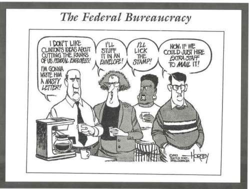 What is the overall message all three cartoons share about the bureaucracy? what part of the cartoo