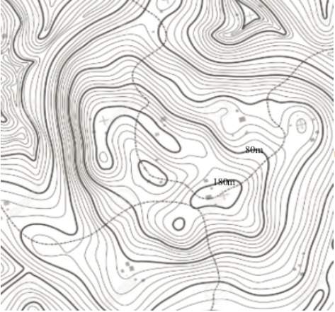 Using the map, calculate the contour interval for this topographic map  1. 180m 2.