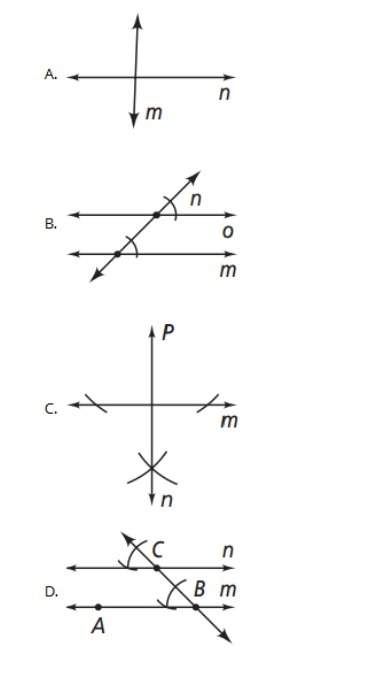 Which diagram below shows a complete construction of line m parallel to line n?
