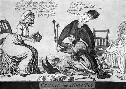 The 1803 british political cartoon below shows napoleon bonaparte demanding the crown. the carton is