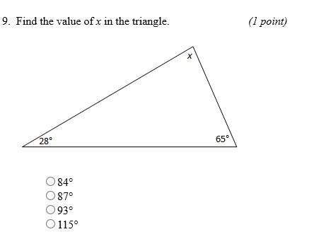 Fine the value of x in the triangle.a.) 84b,) 87c.) 93