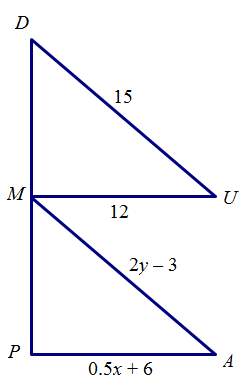 If y is 9 and x is 12, what additional information is necessary to show that triangle dum is congrue