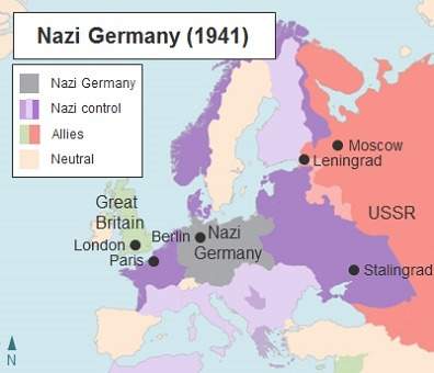 The map shows territory captured by nazi germany in 1941. hitler was confident about inv