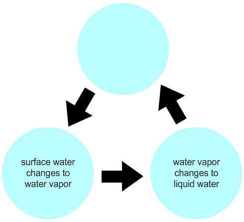 Andrew is describing the water cycle in three steps, as shown in this simple model. which statement