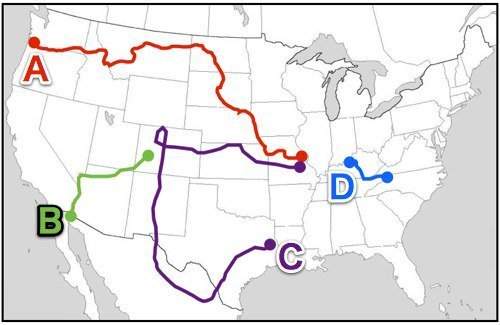 Which letter on the map represents the route taken by explorer daniel boone?  a)  b)