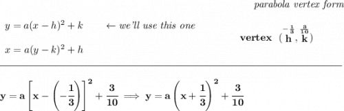 \bf ~\hfill \textit{parabola vertex form}~\hfill \\\\ \begin{array}{llll} y=a(x- h)^2+ k\qquad \leftarrow \textit{we'll use this one}\\\\ x=a(y- k)^2+ h \end{array} \qquad\qquad vertex~~(\stackrel{-\frac{1}{3}}{ h},\stackrel{\frac{3}{10}}{ k}) \\\\[-0.35em] \rule{34em}{0.25pt}\\\\ y=a\left[ x-\left( -\cfrac{1}{3} \right) \right]^2+\cfrac{3}{10}\implies y=a\left( x+\cfrac{1}{3} \right)^2+\cfrac{3}{10}