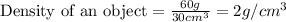 \text{Density of an object}=\frac{60g}{30cm^3}=2g/cm^3