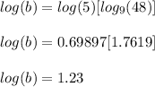 log(b) = log(5)[log_9(48)]\\\\log(b) = 0.69897[1.7619]\\\\log(b) = 1.23