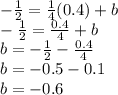 - \frac {1} {2} = \frac {1} {4} (0.4) + b\\- \frac {1} {2} = \frac {0.4} {4} + b\\b = - \frac {1} {2} - \frac {0.4} {4}\\b = -0.5-0.1\\b = -0.6