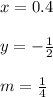 x=0.4\\\\y=-\frac{1}{2}\\\\m=\frac{1}{4}