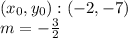 (x_ {0}, y_ {0}): (- 2, -7)\\m = - \frac {3} {2}