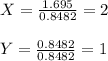 X=\frac{1.695}{0.8482}=2\\\\Y=\frac{0.8482}{0.8482}=1