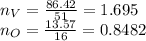 n_V=\frac{86.42}{51}=1.695\\n_O=\frac{13.57}{16}=0.8482