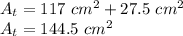 A_ {t} = 117 \ cm ^ 2 + 27.5 \ cm ^ 2\\A_ {t} = 144.5 \ cm ^ 2