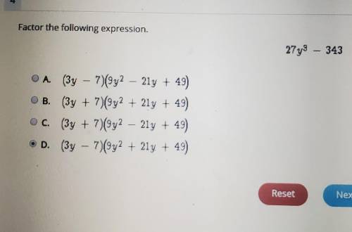 Factor the following expression. 27y3 – 343 a. (3y + 7)(9y2 + 2ly + 49) b. (3y – 7)(9y2 + 2ly + 49)