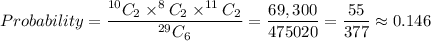 \displaystyle Probability = \frac{^{10}C_2 \times ^{8}C_2 \times ^{11}C_2}{^{29}C_6}  = \frac{69,300}{475020} =\frac{55}{377} \approx 0.146