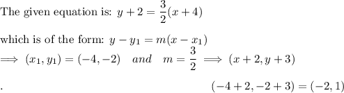 \text{The given equation is: }y+2=\dfrac{3}{2}(x+4)\\\\\text{which is of the form: }y-y_1=m(x-x_1)\\\implies(x_1, y_1)=(-4, -2)\quad and \quad m=\dfrac{3}{2}\implies (x+2, y+3)\\\\.\qquad \qquad \qquad \qquad \qquad \qquad \qquad \qquad \qquad (-4+2, -2+3)=(-2, 1)