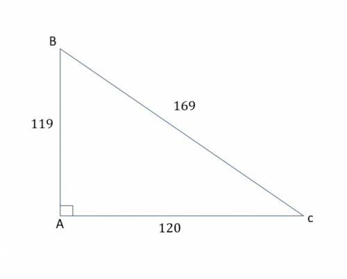 Right triangle abc has three sides with lengths ab= 119, bc = 169, ca= 120. find the value of cos c.
