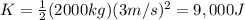 K=\frac{1}{2}(2000 kg)(3 m/s)^2=9,000 J
