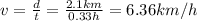 v=\frac{d}{t}=\frac{2.1 km}{0.33 h}=6.36 km/h