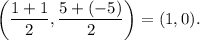 \left(\dfrac{1+1}{2},\dfrac{5+(-5)}{2}\right)=(1,0).