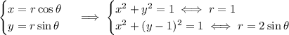 \begin{cases}x=r\cos\theta\\y=r\sin\theta\end{cases}\implies\begin{cases}x^2+y^2=1\iff r=1\\x^2+(y-1)^2=1\iff r=2\sin\theta\end{cases}