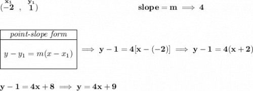 \bf (\stackrel{x_1}{-2}~,~\stackrel{y_1}{1})\qquad ~\hspace{10em}slope = m\implies 4 \\\\\\ \begin{array}{|c|ll} \cline{1-1} \textit{point-slope form}\\ \cline{1-1} \\ y-y_1=m(x-x_1) \\\\ \cline{1-1} \end{array}\implies y-1=4[x-(-2)]\implies y-1=4(x+2) \\\\\\ y-1 = 4x+8\implies y=4x+9