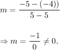m=\dfrac{-5-(-4))}{5-5}\\\\\\\Rightarrow m=\dfrac{-1}{0}\neq 0.