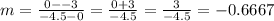 m=\frac{0--3}{-4.5-0}=\frac{0+3}{-4.5}=\frac{3}{-4.5}=-0.6667