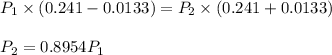 P_1 \times (0.241-0.0133) = P_2 \times (0.241+0.0133)\\\\P_2 = 0.8954P_1