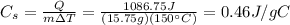 C_s=\frac{Q}{m \Delta T}=\frac{1086.75 J}{(15.75 g)(150^{\circ}C)}=0.46 J/gC