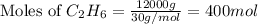 \text{Moles of }C_2H_6=\frac{12000g}{30g/mol}=400mol